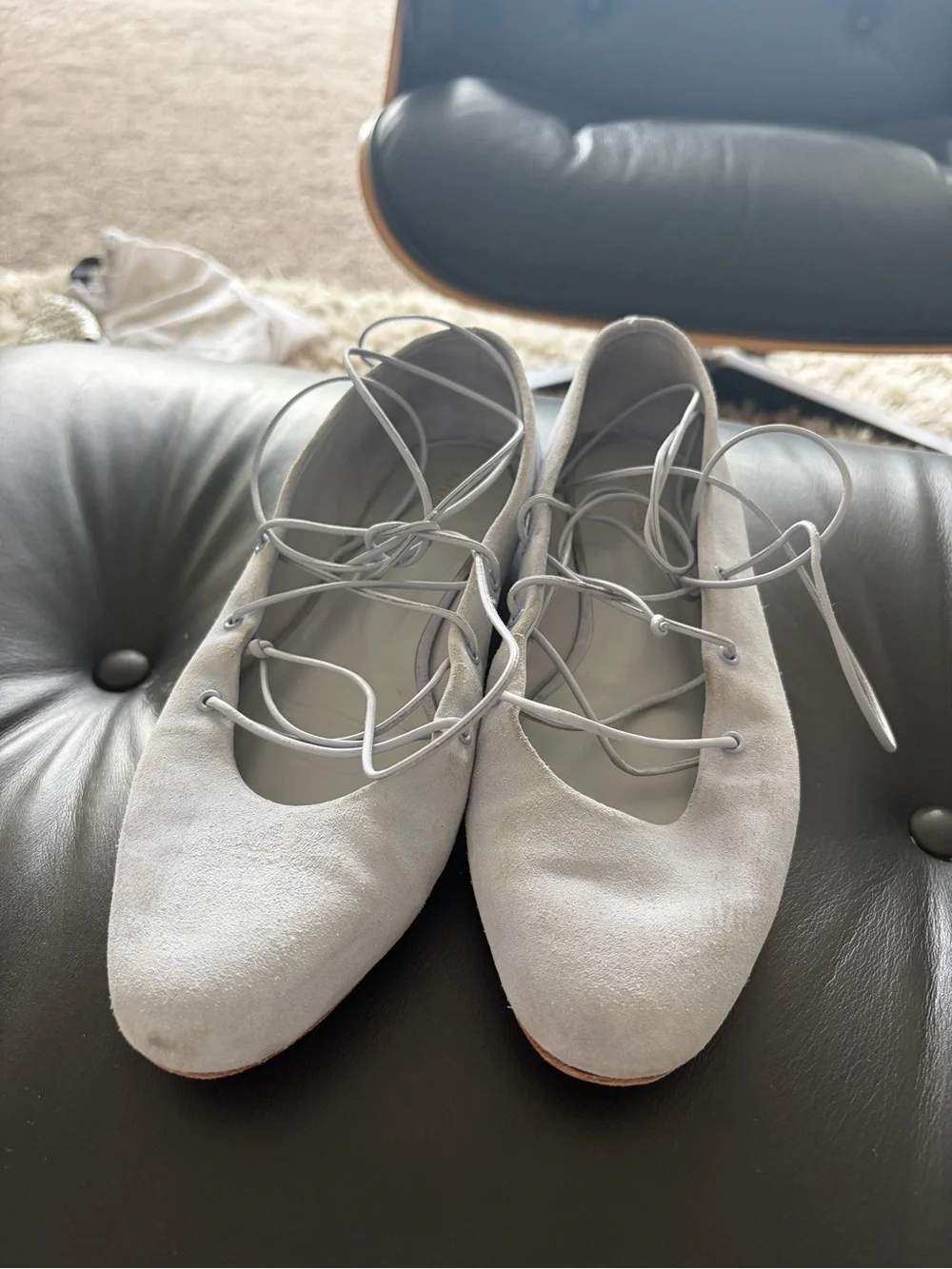 Reformation Lace-Up Women’s Suede Ballet Flats — Light Blue